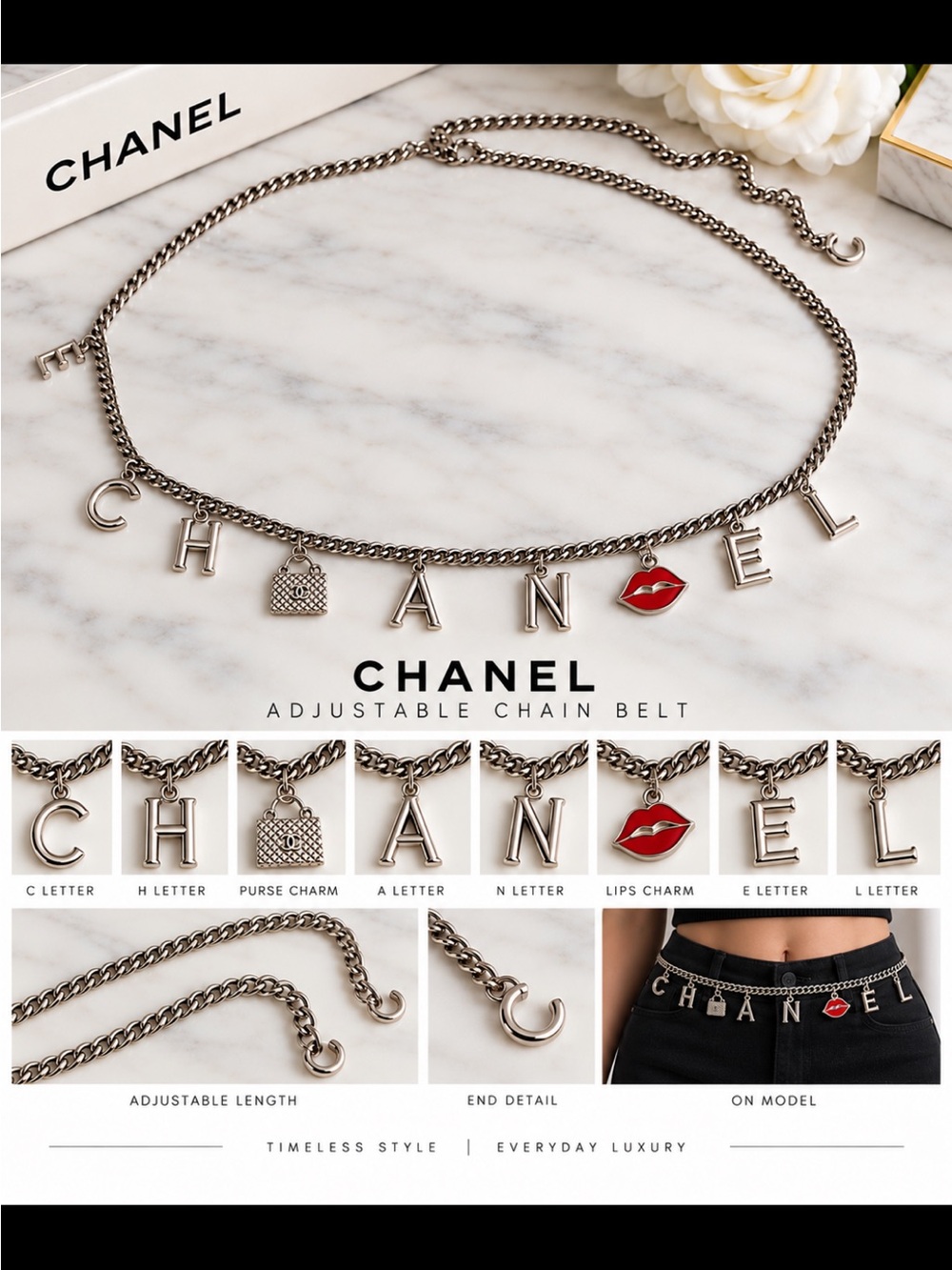 FASHION  Silver-Tone Adjustable Chain Belt with Red Lips Charm